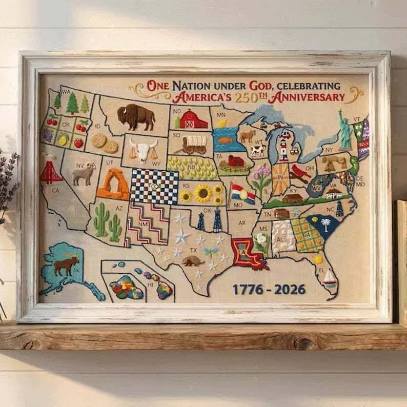 USA Map Cross-Stitch Finished Art - 250th Anniversary Commemorative