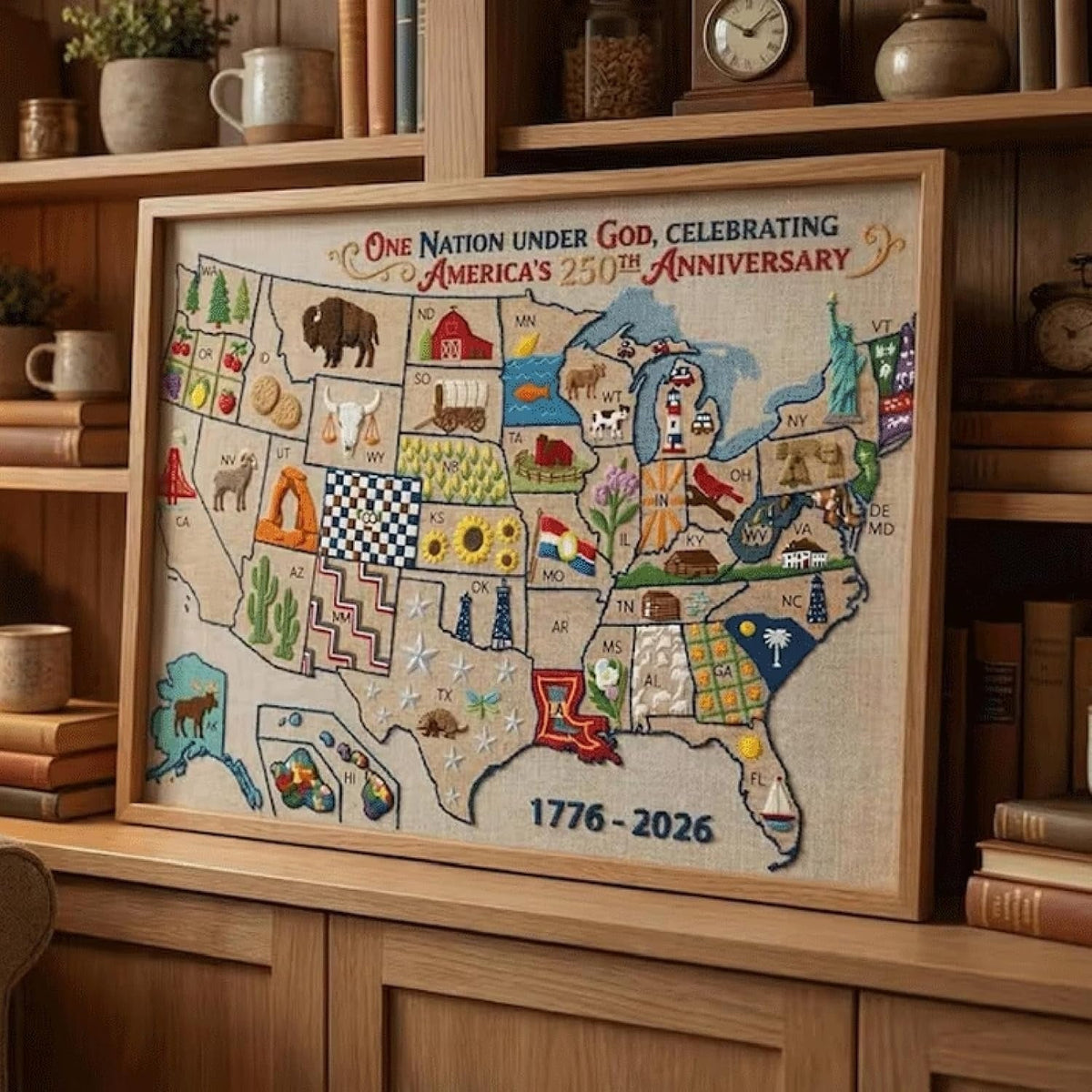 USA Map Cross-Stitch Finished Art - 250th Anniversary Commemorative