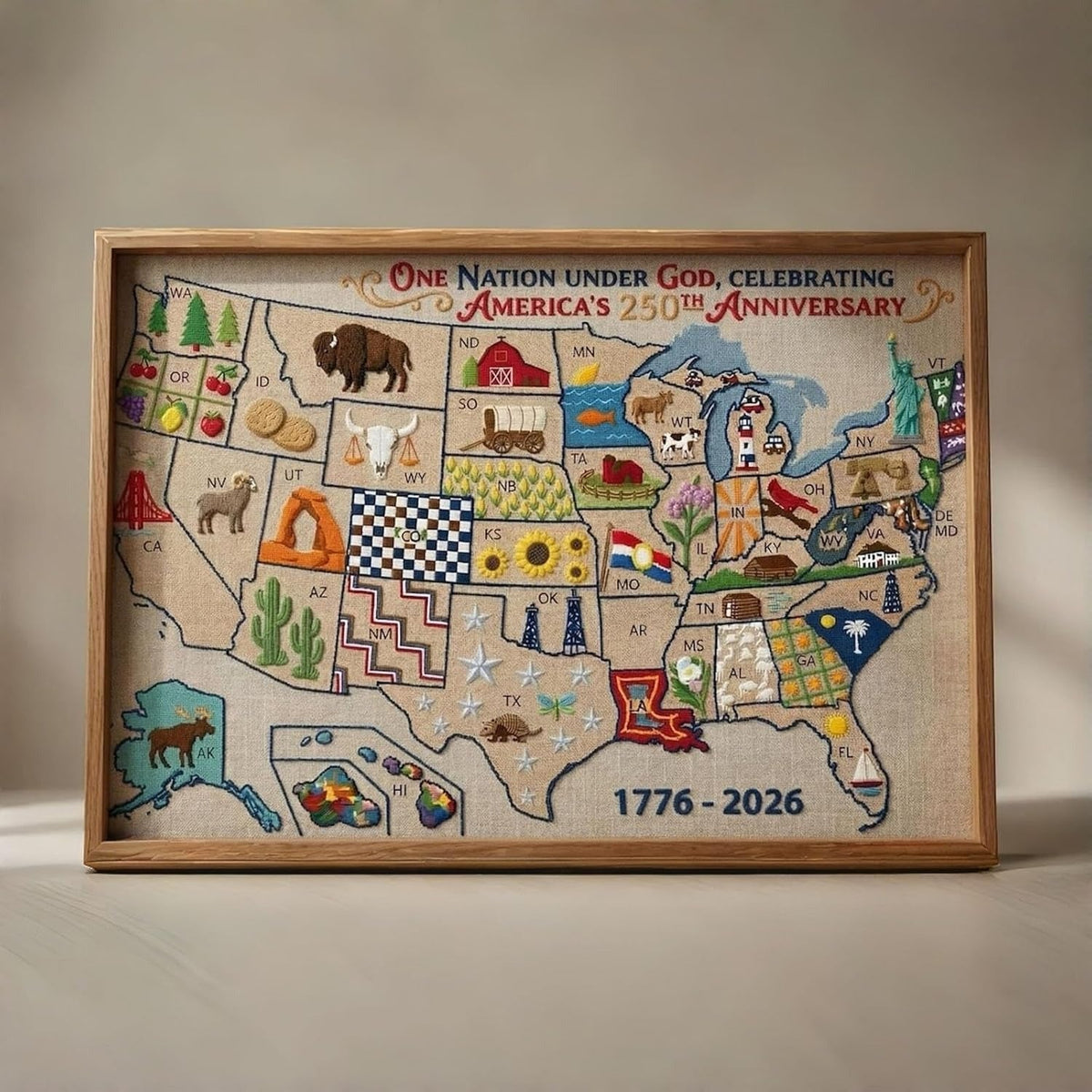 USA Map Cross-Stitch Finished Art - 250th Anniversary Commemorative